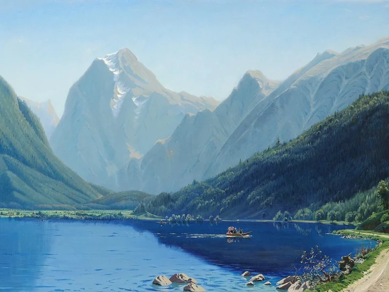 1847-Johannes Boesen - Escursionisti su barche a remi su un lago alpino
